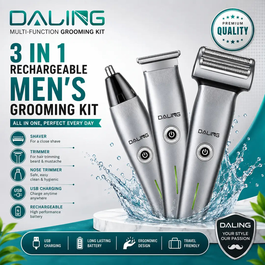 DALING DL-9218 3-in-1 Rechargeable Men's Grooming Kit | Trimmer, Shaver & Nose Hair Trimmer | USB Charging