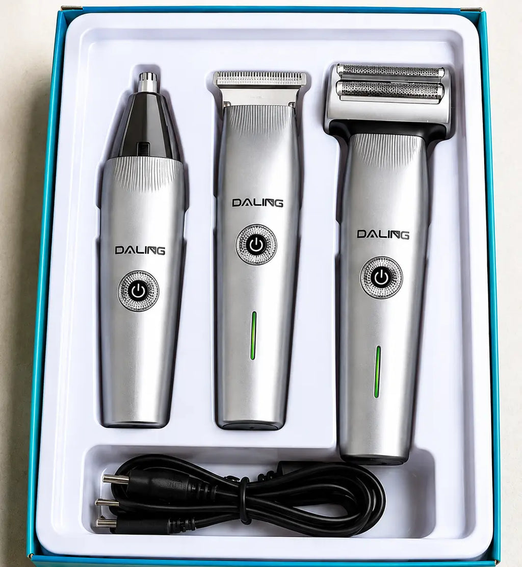 DALING DL-9218 3-in-1 Rechargeable Men's Grooming Kit | Trimmer, Shaver & Nose Hair Trimmer | USB Charging