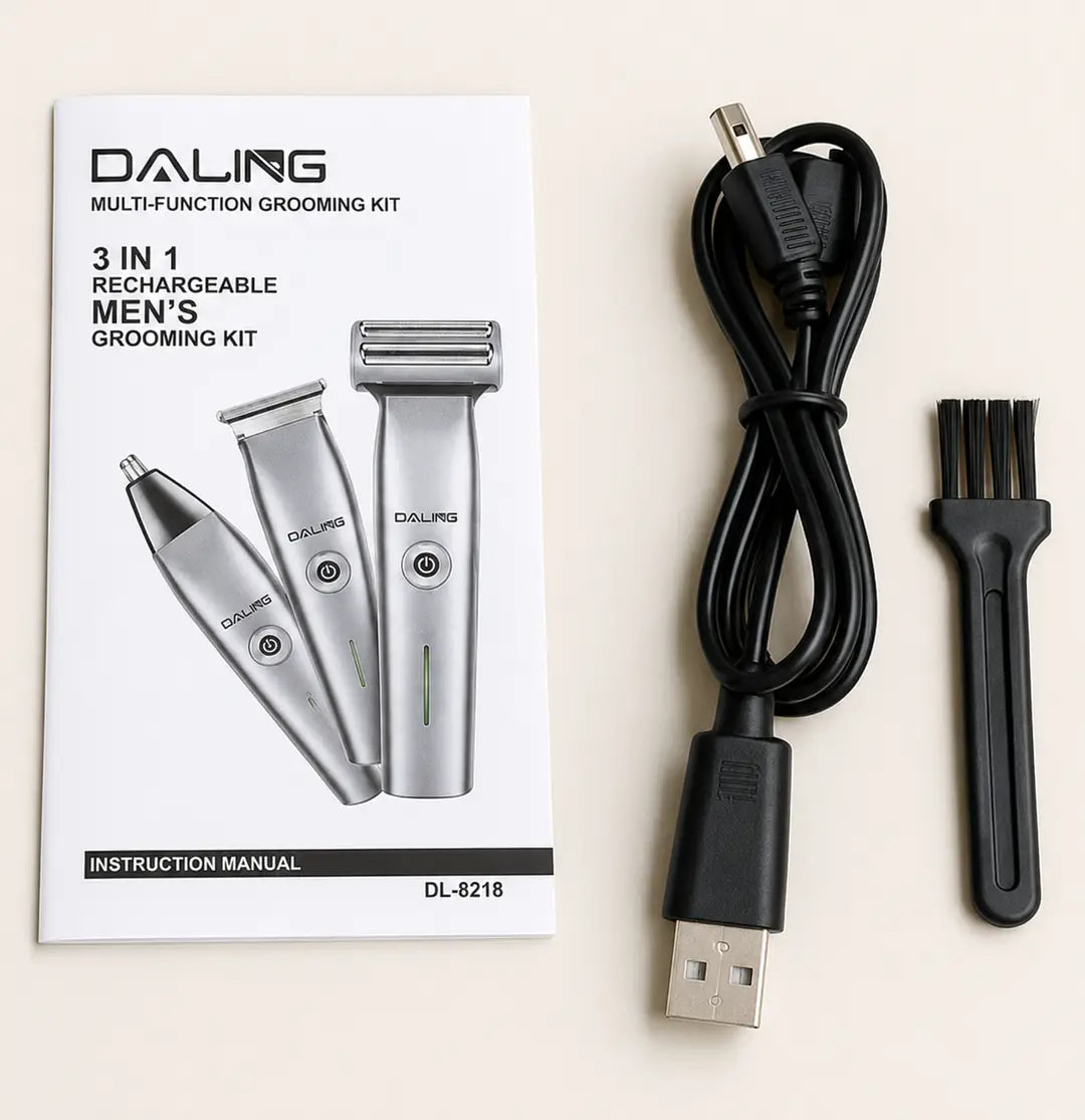 DALING DL-9218 3-in-1 Rechargeable Men's Grooming Kit | Trimmer, Shaver & Nose Hair Trimmer | USB Charging